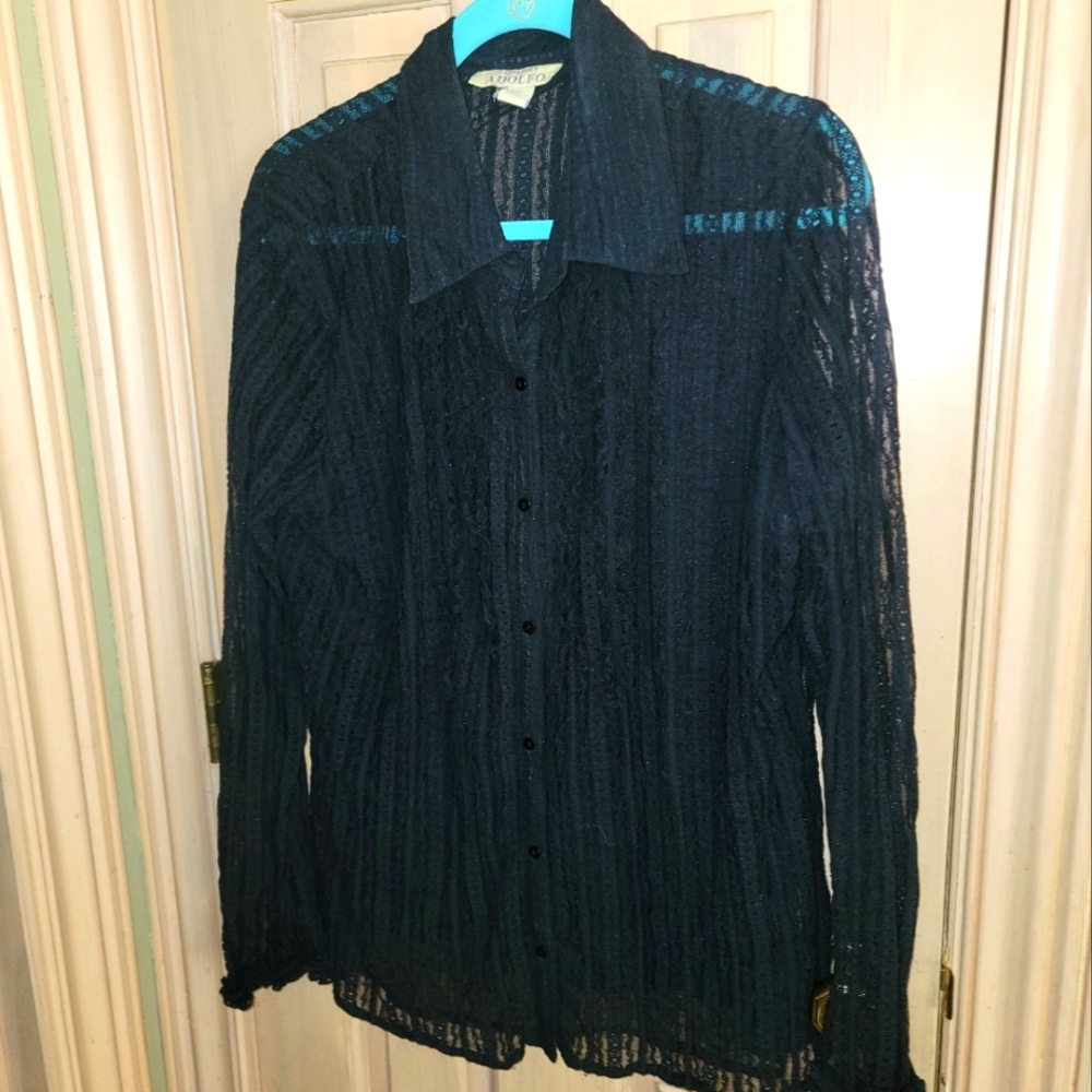 Misses Sz XL Ladies First Adolfo Black Ruffle Shirt Over Shell Y2K